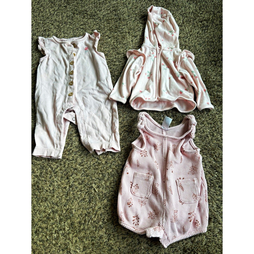 Carter's Baby Girl 3 Months Pink/White Cotton Strawberry Floral 3 item Lot